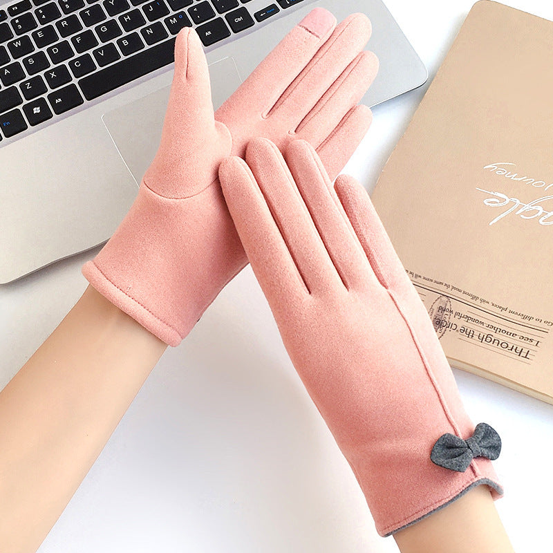 Bow Trim Irregular Cuff Winter Gloves - Pink