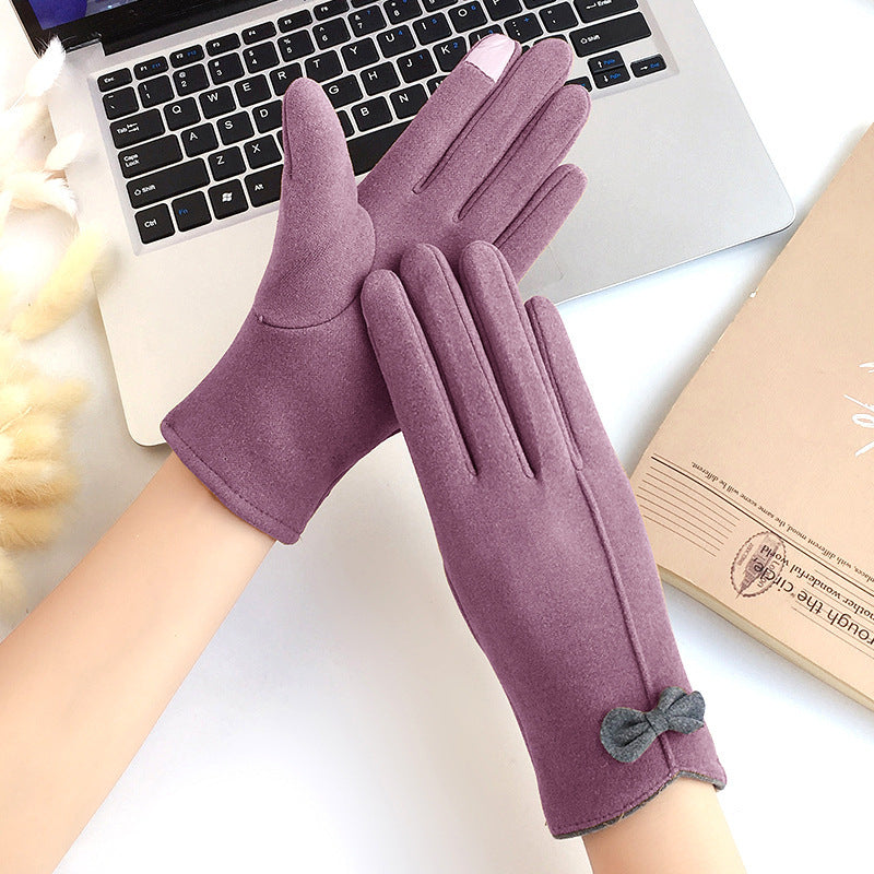 Bow Trim Irregular Cuff Winter Gloves - Purple
