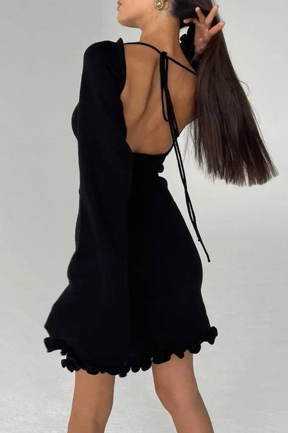 Open Back Flare Sleeve Knit Dress - Black - 1
