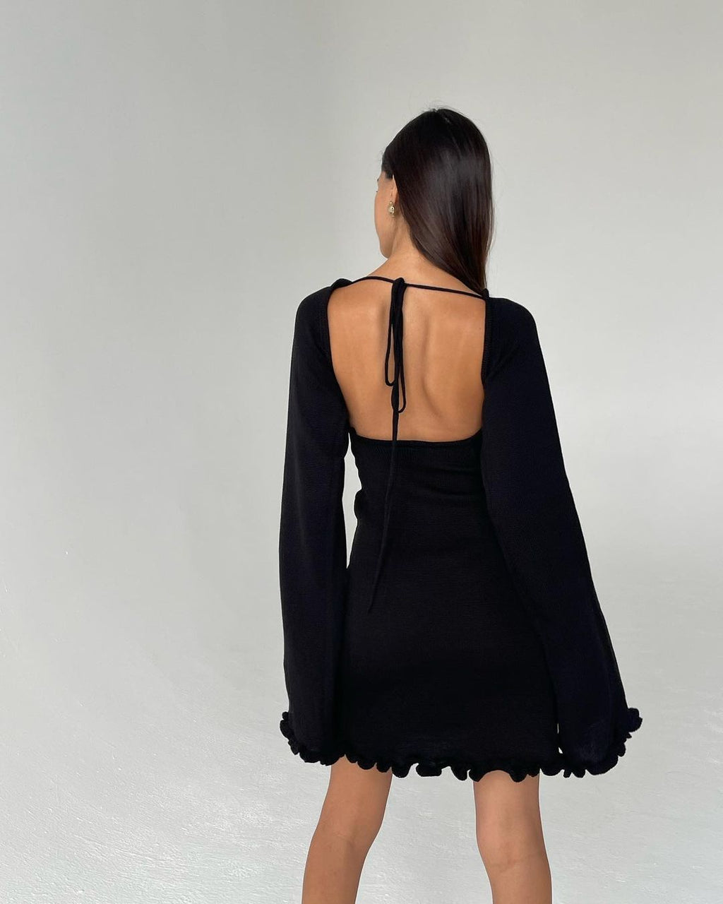 Open Back Flare Sleeve Knit Dress - Black - 2