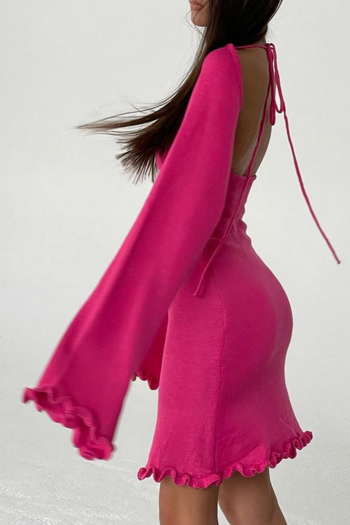 Open Back Flare Sleeve Knit Dress - Fuchsia - 2