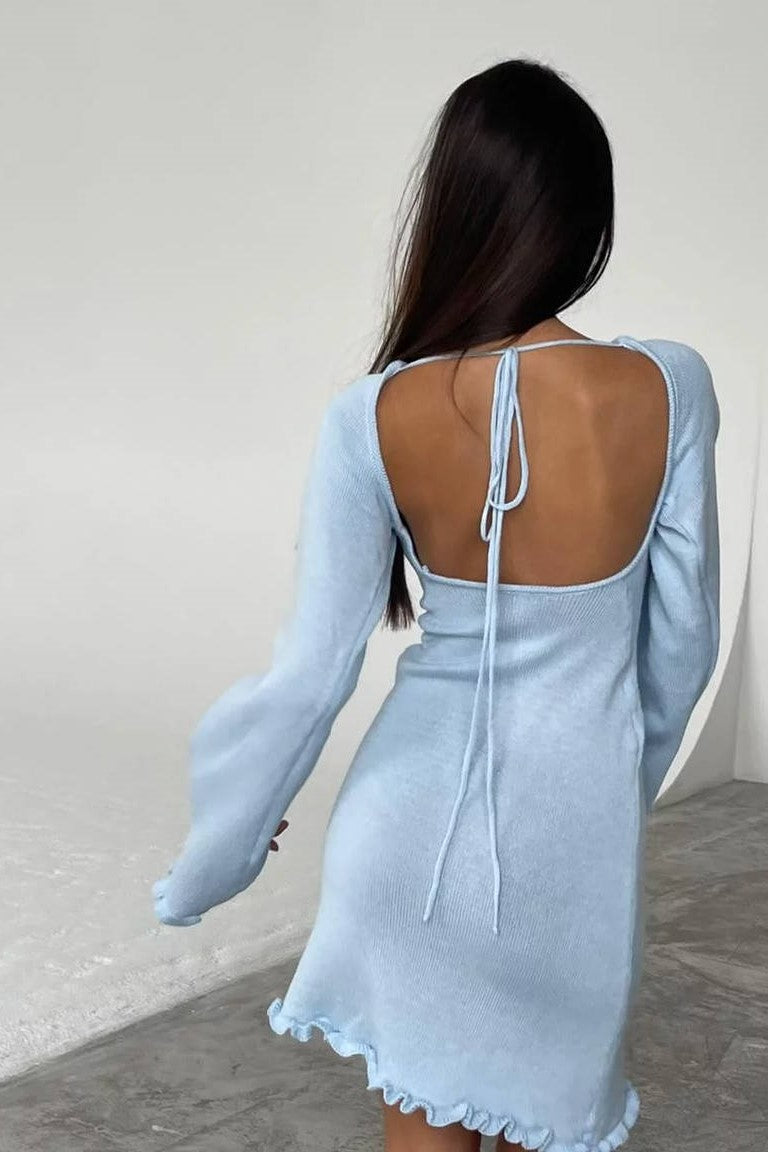 Open Back Flare Sleeve Knit Dress - Light blue - 1