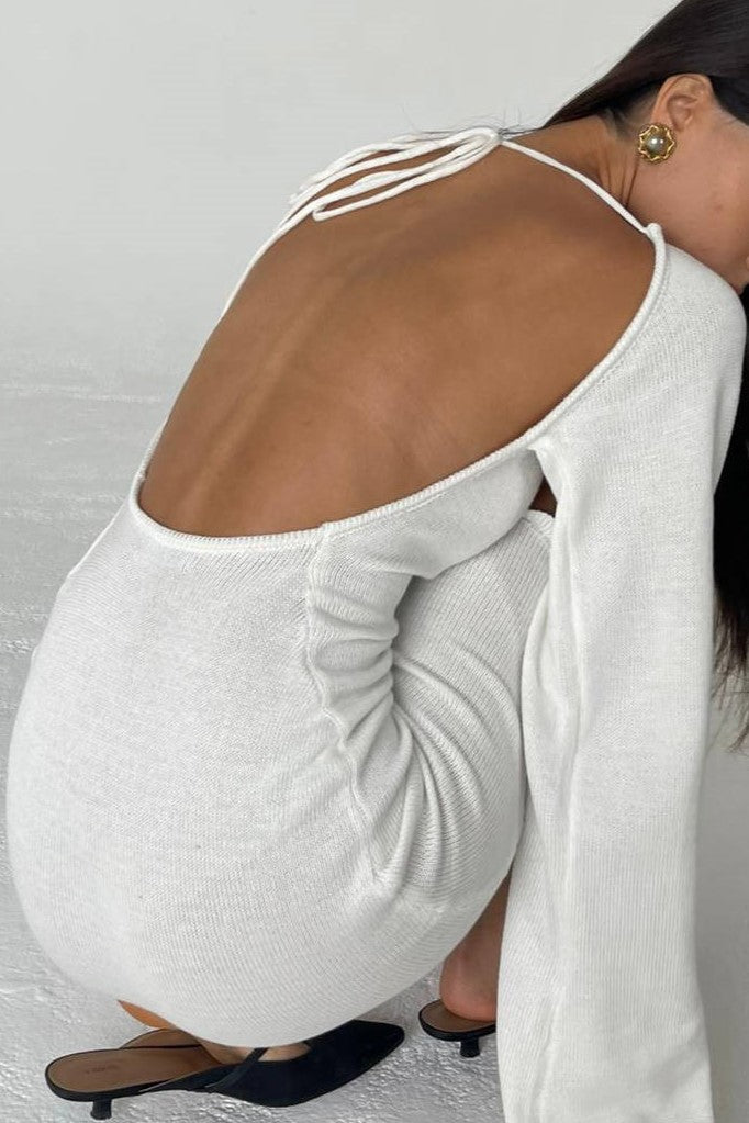 Open Back Flare Sleeve Knit Dress - White