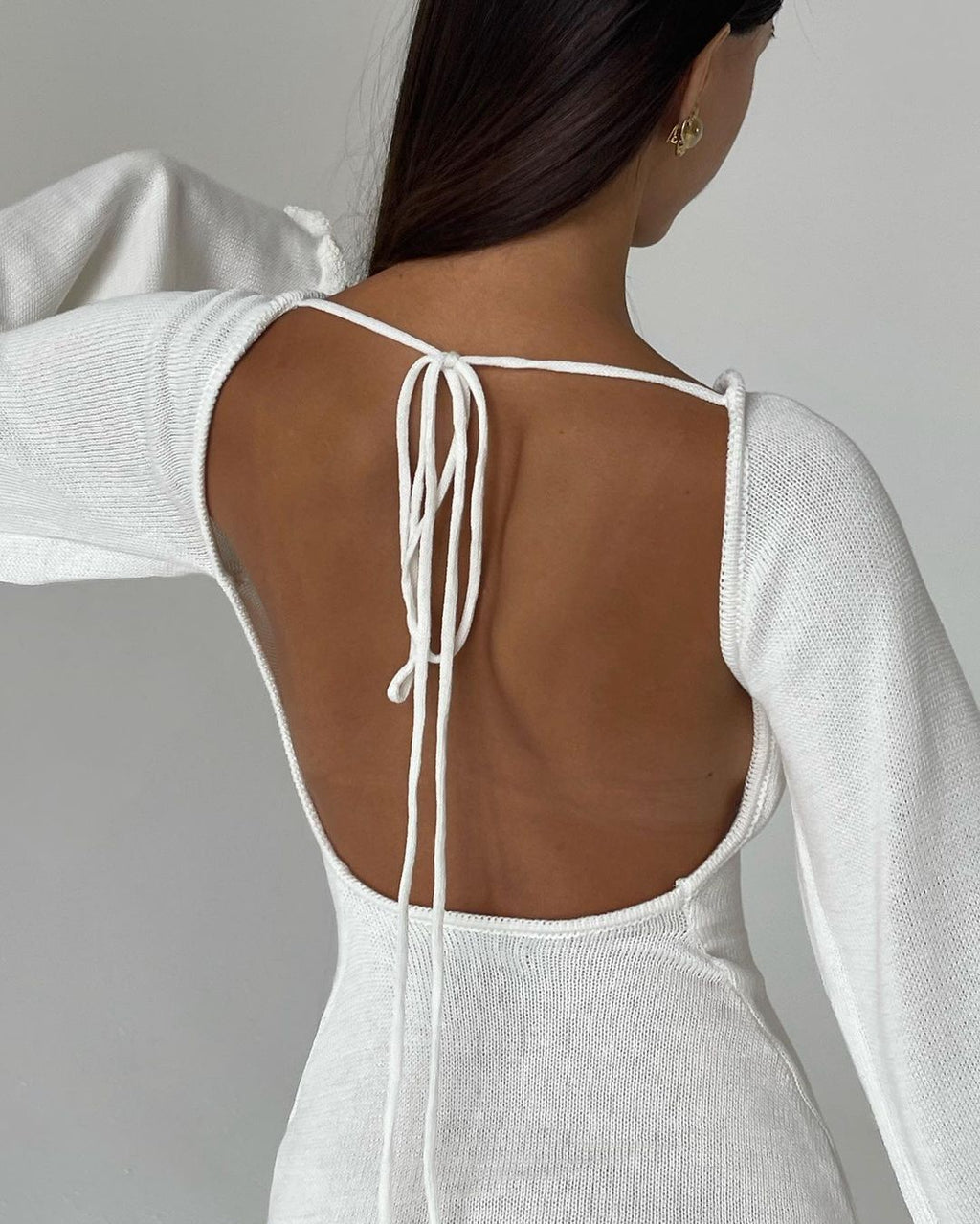 Open Back Flare Sleeve Knit Dress - White - 2