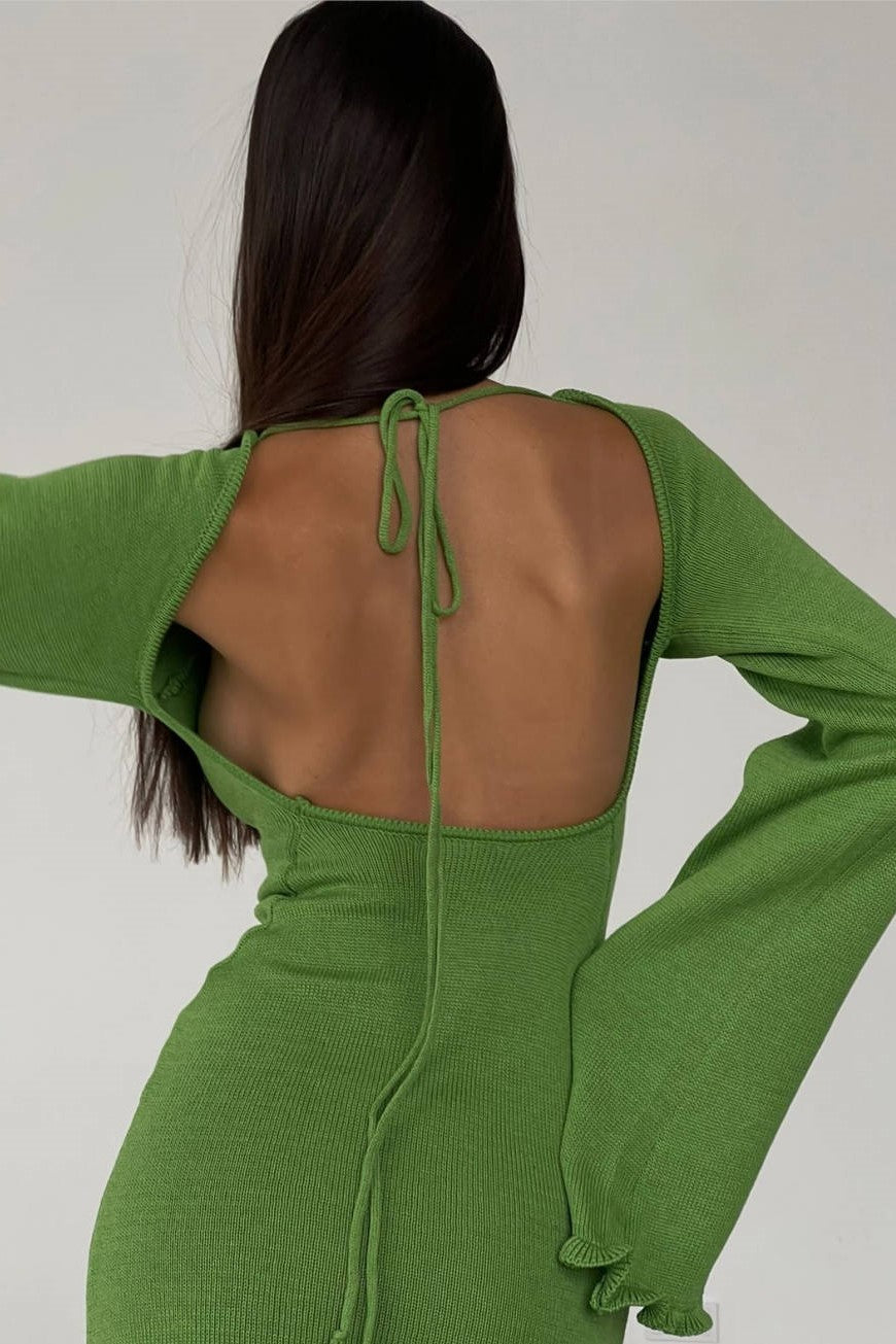 Open Back Flare Sleeve Knit Dress - green - 1