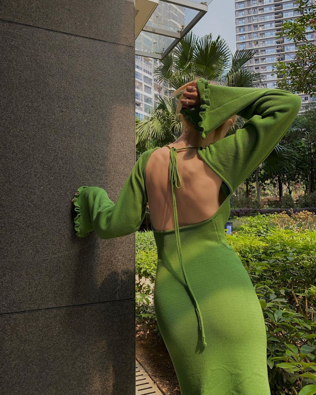 Open Back Flare Sleeve Knit Dress - green - 3
