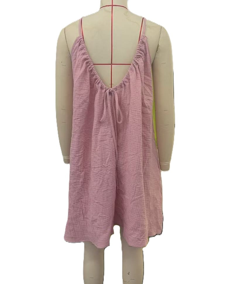 Crinkle Cotton Tie Back Mini Sundress - Pink - 1
