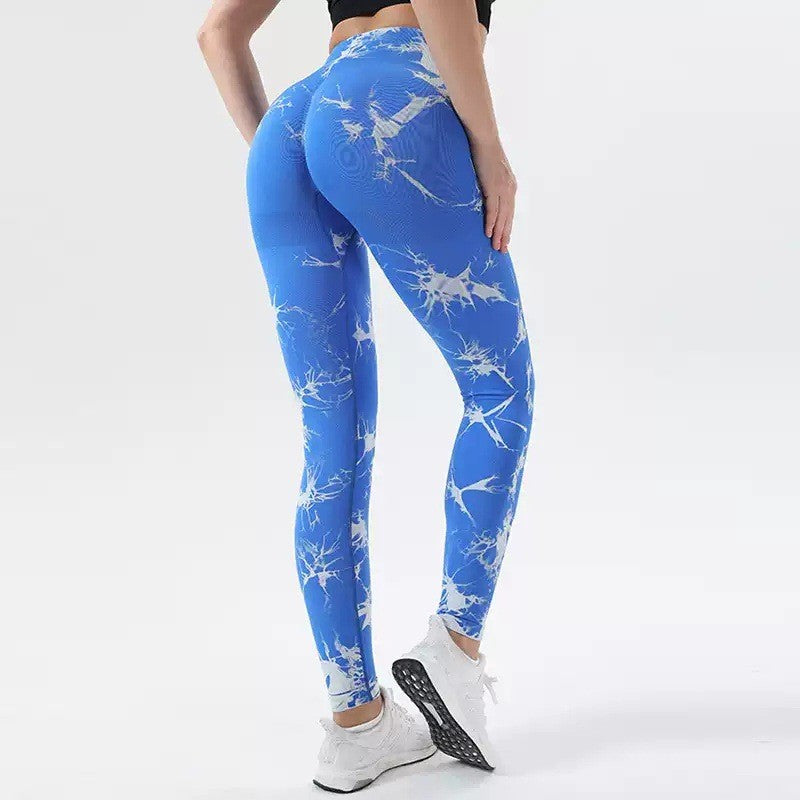 Tie Dye Seamless Ribbed Scrunch Butt Gym Leggings - Blue White