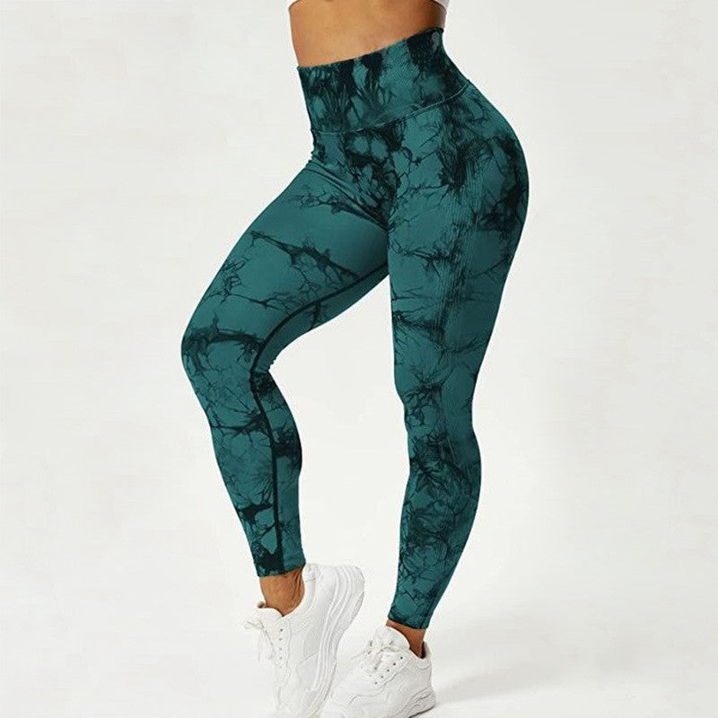 Tie Dye Seamless Ribbed Scrunch Butt Gym Leggings - Dark Teal