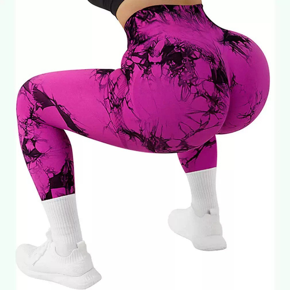Tie Dye Seamless Ribbed Scrunch Butt Gym Leggings - Magenta