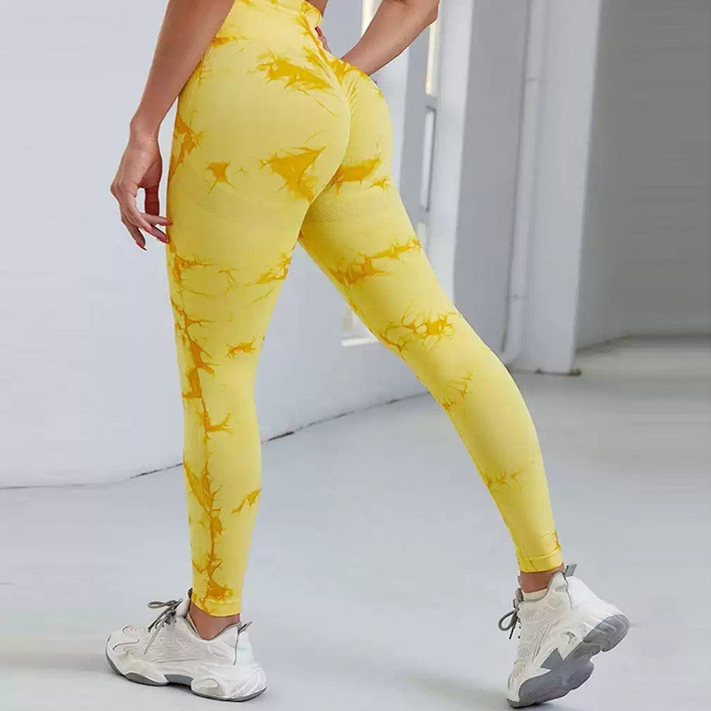 Tie Dye Seamless Ribbed Scrunch Butt Gym Leggings - Yellow