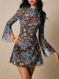 Animal Floral Print Mini Dress With Bell Cuffs - Leopard