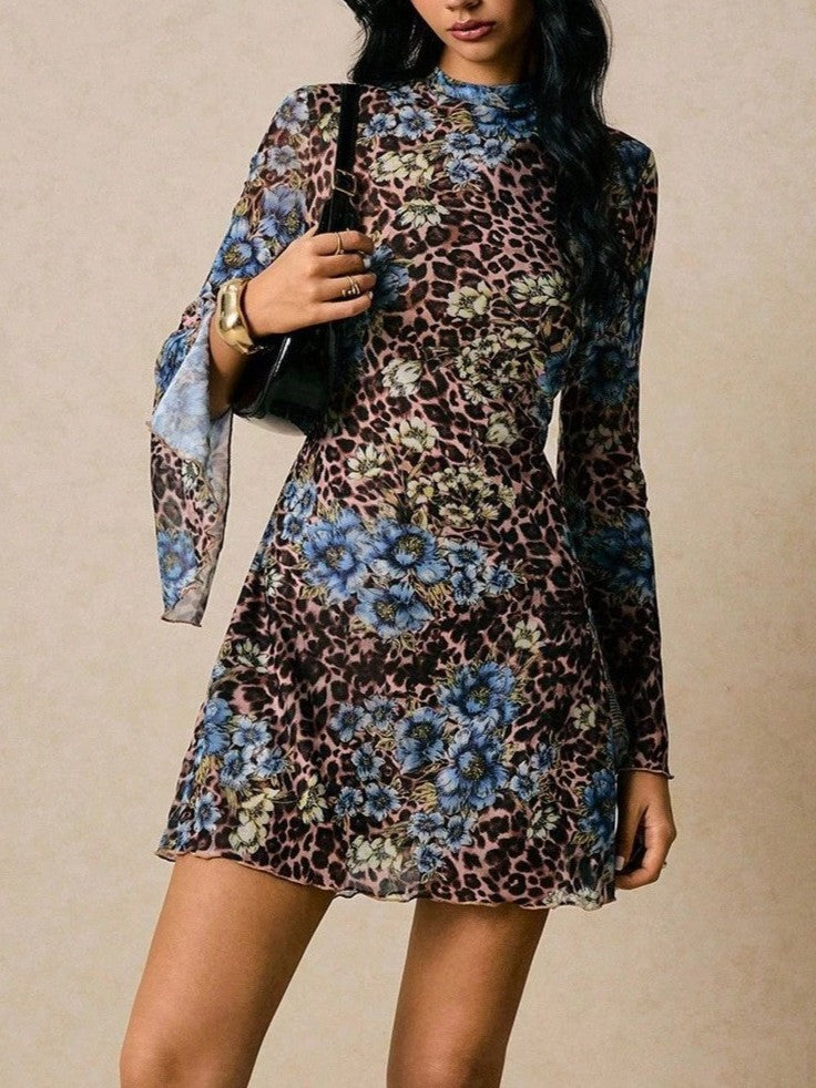 Animal Floral Print Mini Dress With Bell Cuffs - view 1