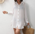 Sheer Ruffle Hem Longline Beach Shirt - White