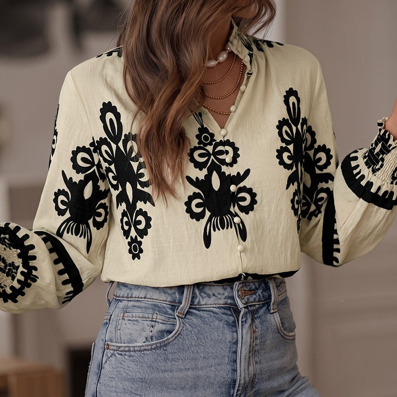 Boho Print Blouse With Lantern Sleeves - Apricot