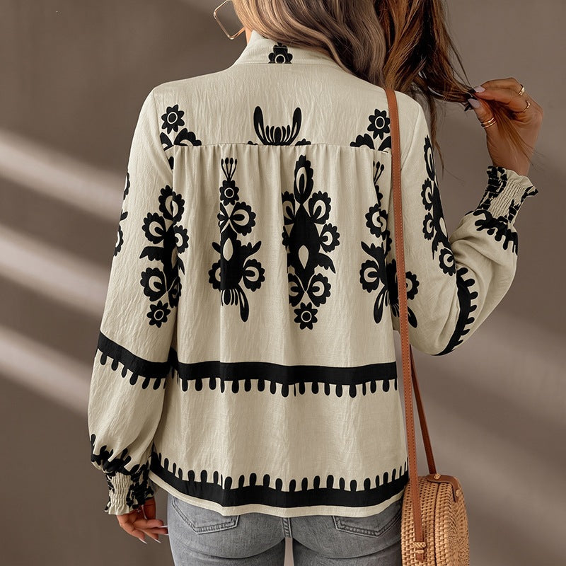 Boho Print Blouse With Lantern Sleeves - Apricot - 1