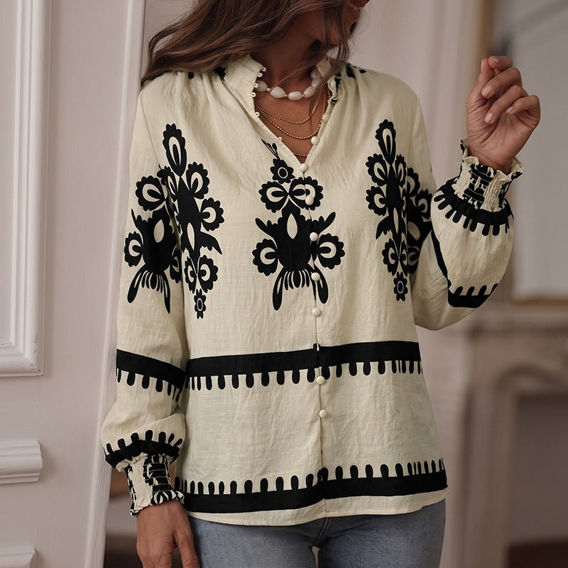 Boho Print Blouse With Lantern Sleeves - Apricot - 4