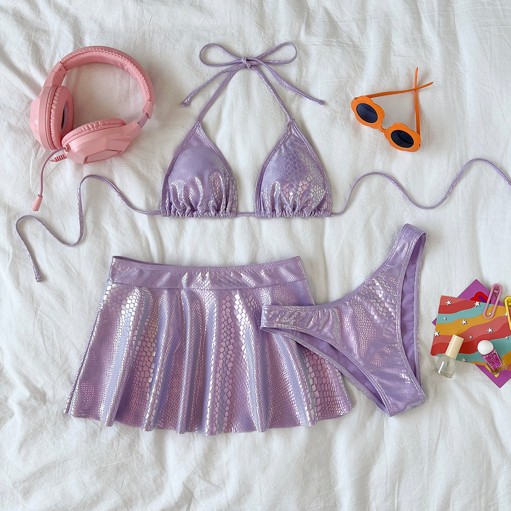 Iridescent Triangle Bikini With Flared Skirt - Purple - 2