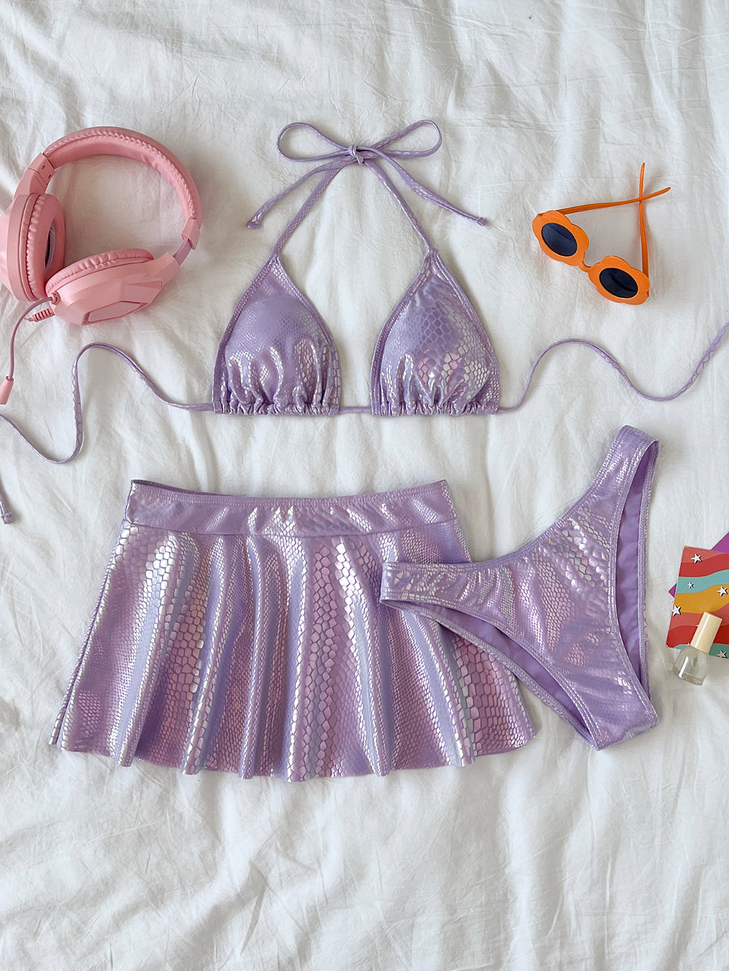 Iridescent Triangle Bikini With Flared Skirt - Purple - 3
