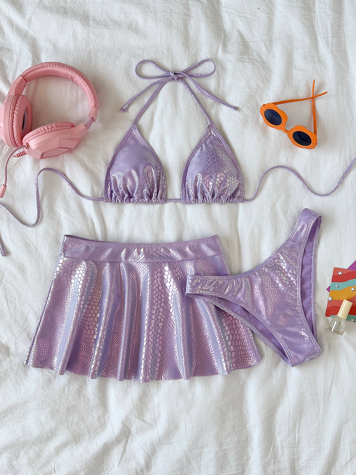 Iridescent Triangle Bikini With Flared Skirt - Purple - 3