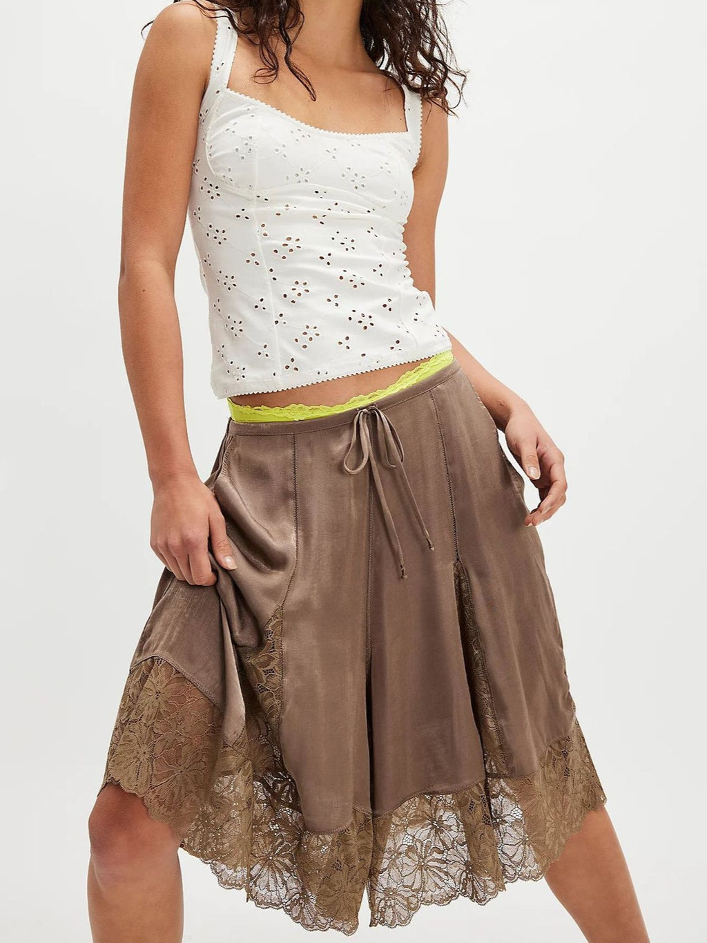 Lace Hem Wide Leg Bloomer Shorts - Brown
