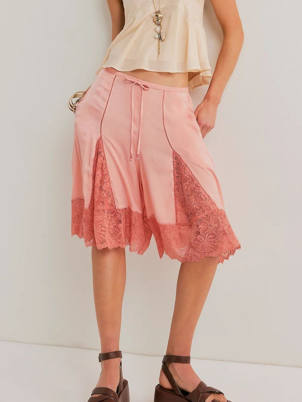 Lace Hem Wide Leg Bloomer Shorts - Pink - 1