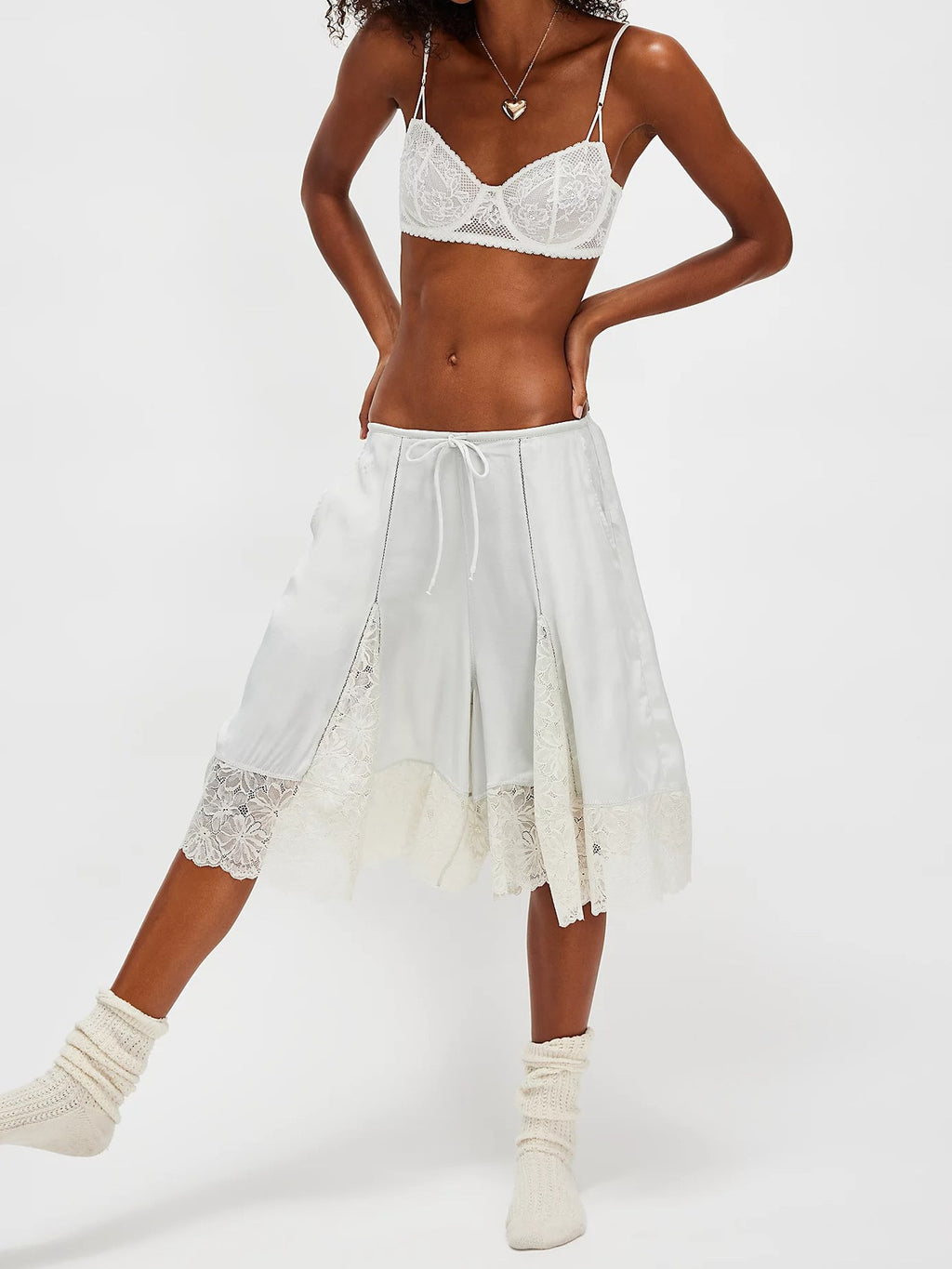 Lace Hem Wide Leg Bloomer Shorts - White