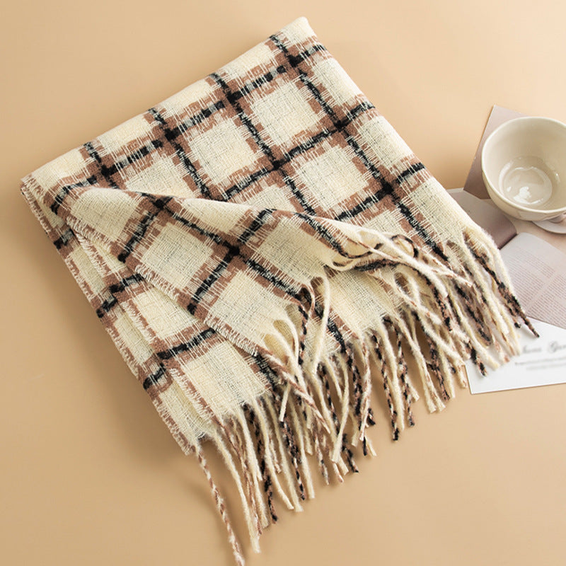 Brushed Check Fringed Winter Scarf - Beige