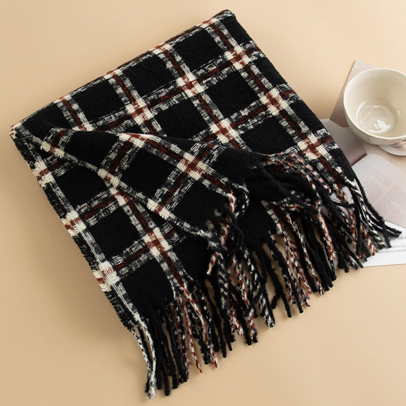 Brushed Check Fringed Winter Scarf - Black