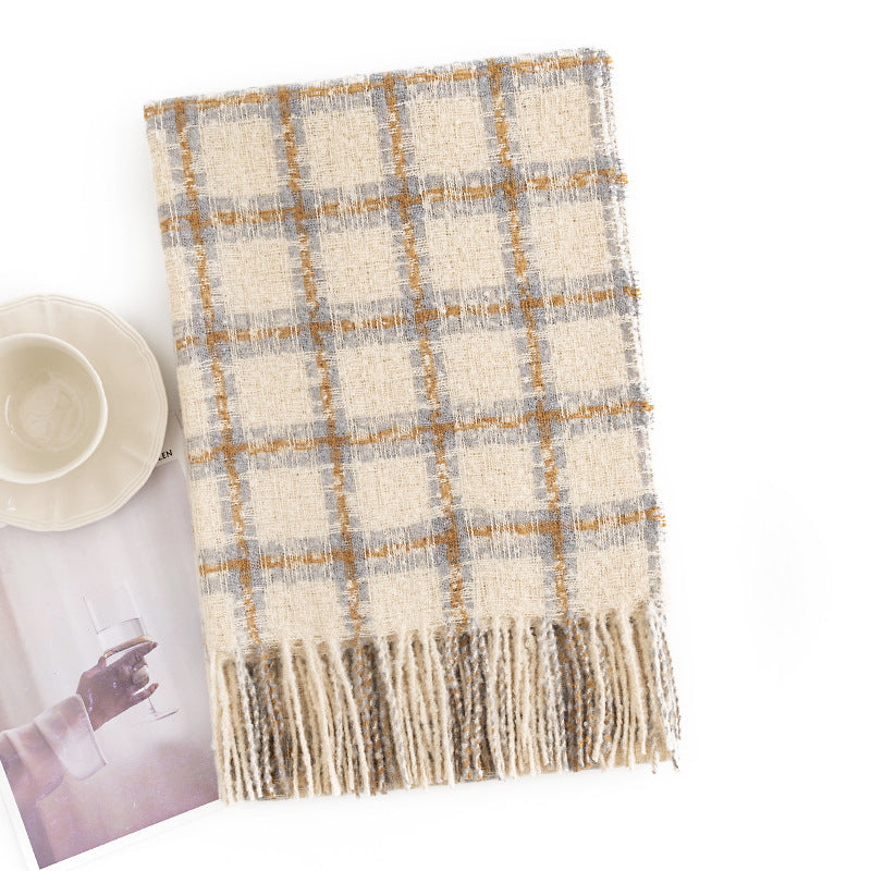 Brushed Check Fringed Winter Scarf - BlueBeige