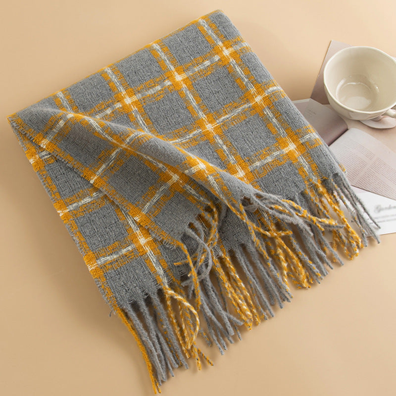 Brushed Check Fringed Winter Scarf - Grey