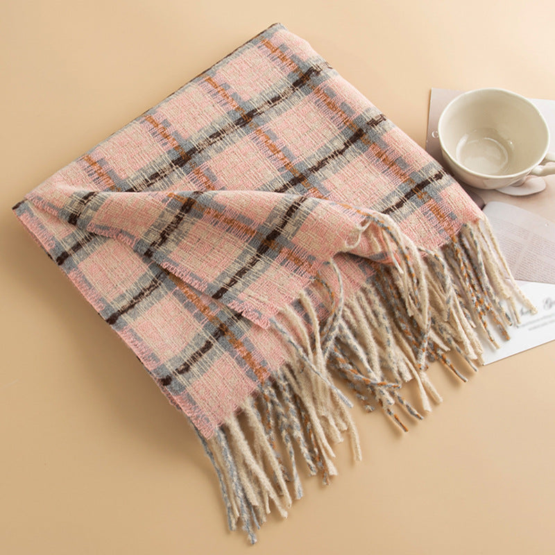 Brushed Check Fringed Winter Scarf - Pink