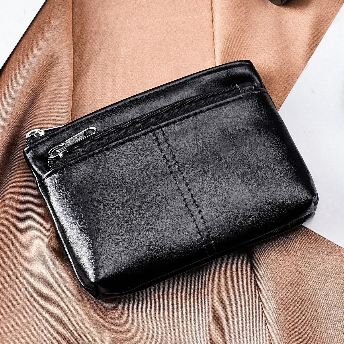 Two-Zip Mini Coin Purse With Cat Embossing - Black
