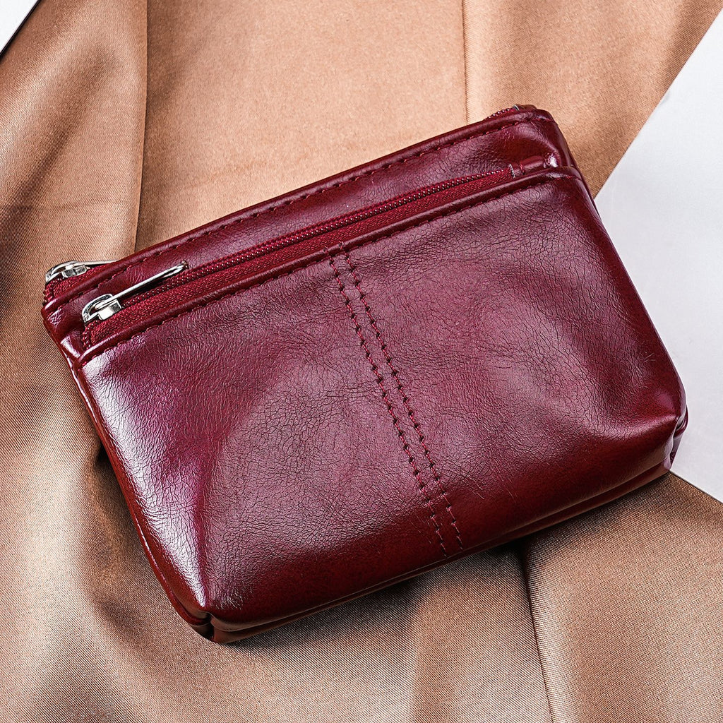 Two-Zip Mini Coin Purse With Cat Embossing - Burgundy