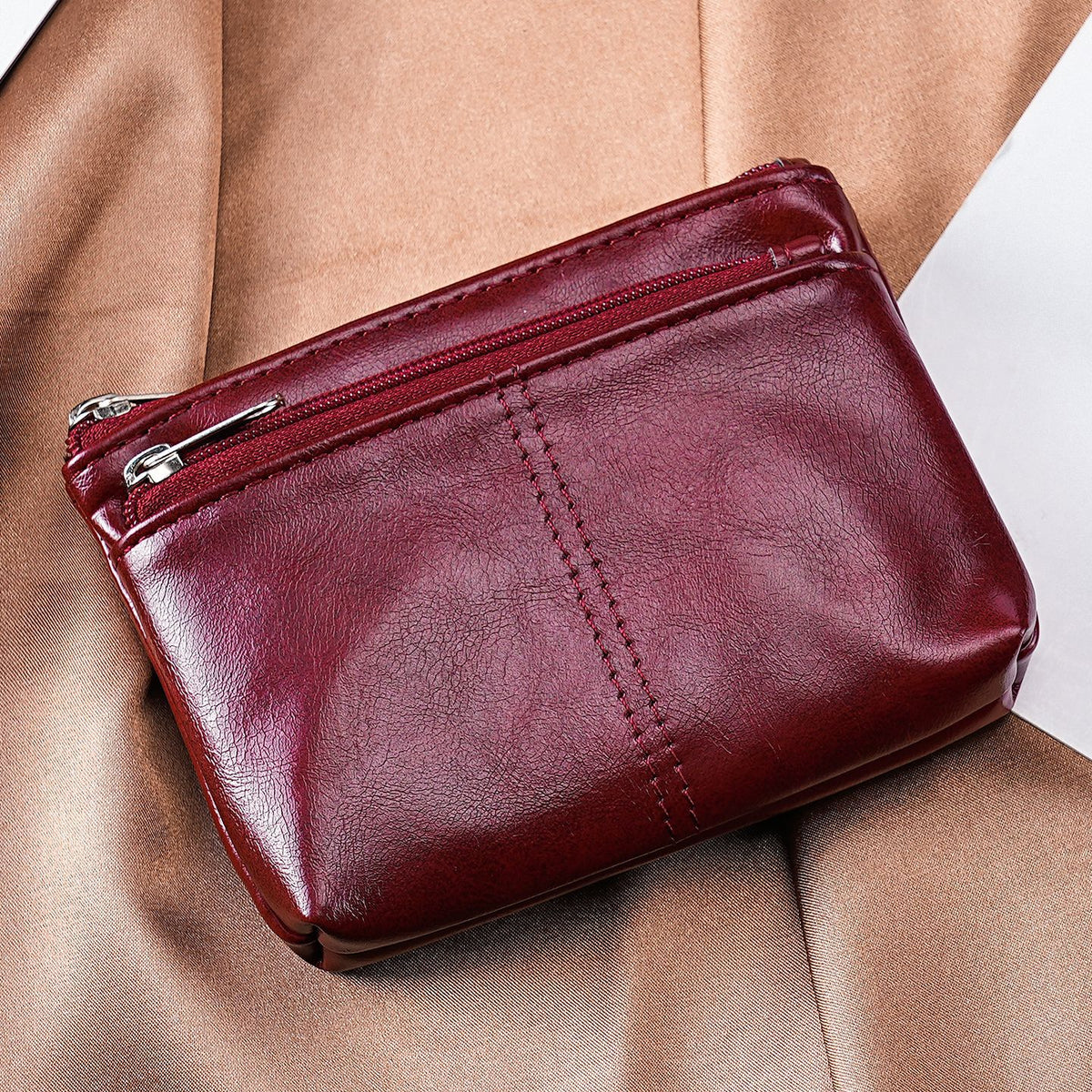Two-Zip Mini Coin Purse With Cat Embossing - Burgundy