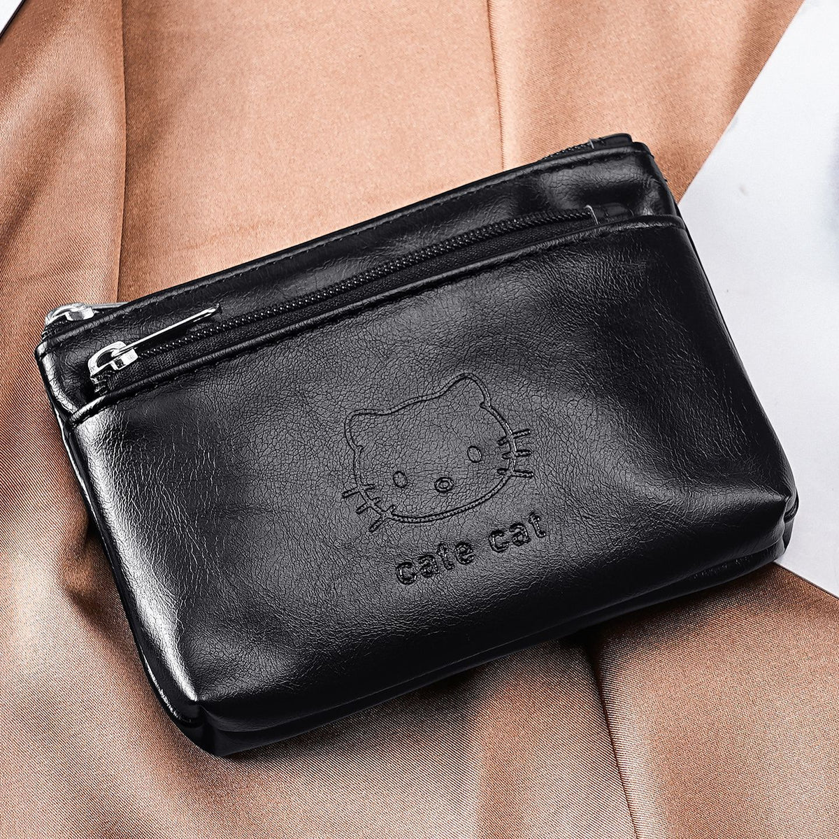 Two-Zip Mini Coin Purse With Cat Embossing - CBlack