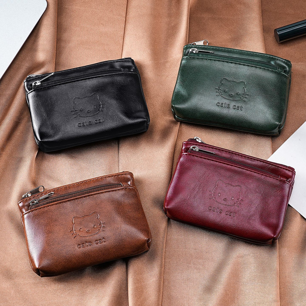 Two-Zip Mini Coin Purse With Cat Embossing - CBrown
