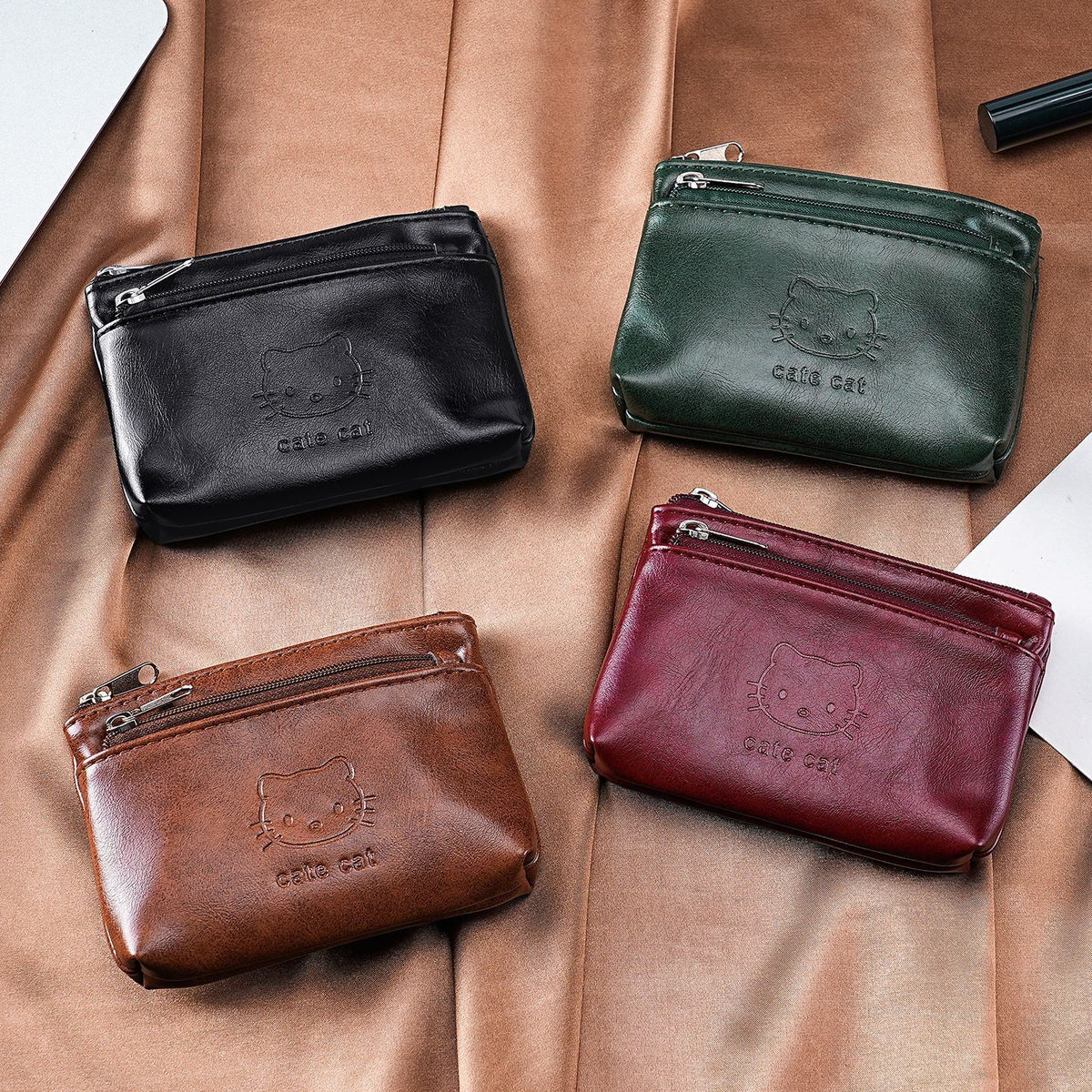 Two-Zip Mini Coin Purse With Cat Embossing - CBrown