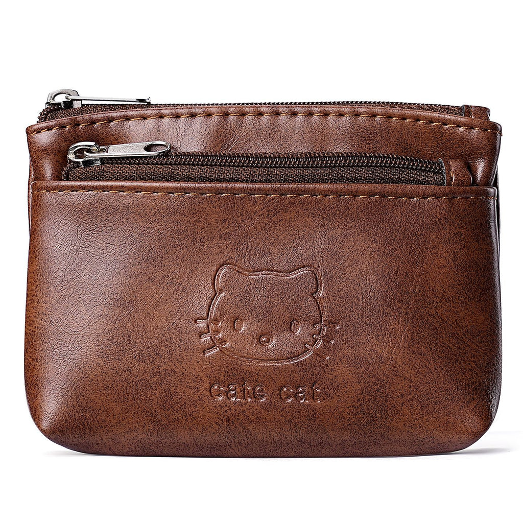 Two-Zip Mini Coin Purse With Cat Embossing - CBrown - 1