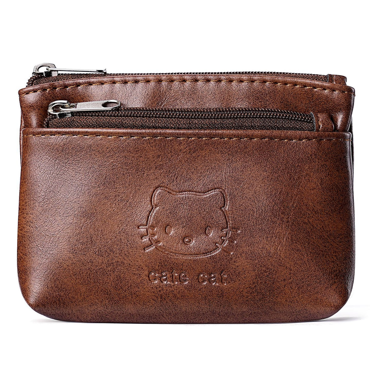 Two-Zip Mini Coin Purse With Cat Embossing - CBrown - 1