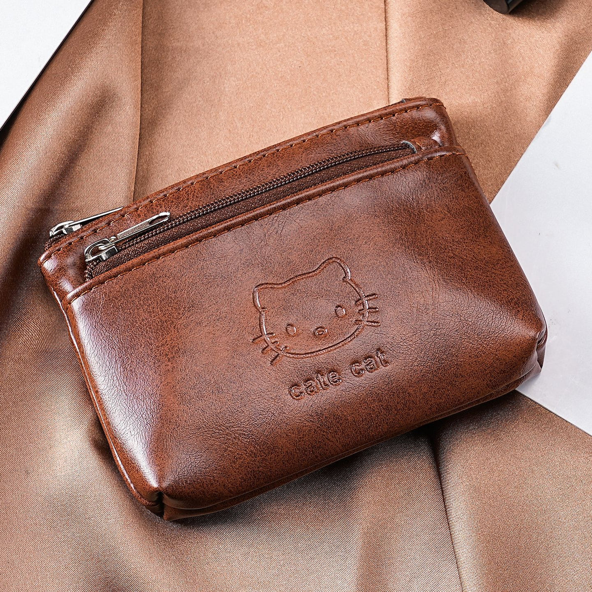 Two-Zip Mini Coin Purse With Cat Embossing - CBrown - 2