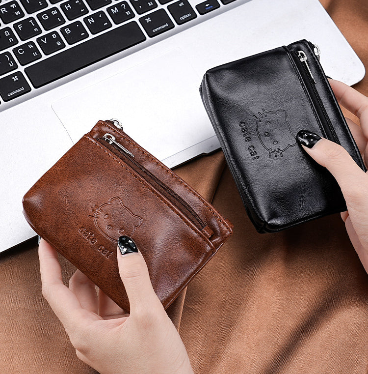 Two-Zip Mini Coin Purse With Cat Embossing - CBrown - 3