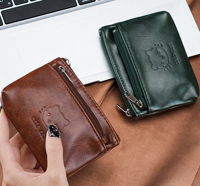 Two-Zip Mini Coin Purse With Cat Embossing - CBrown - 4