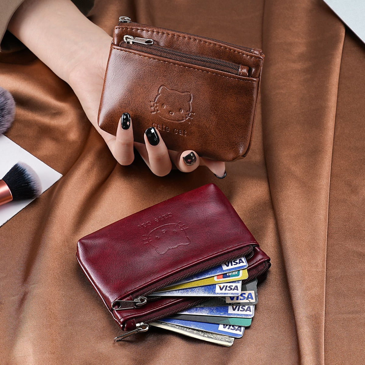 Two-Zip Mini Coin Purse With Cat Embossing - CBrown - 6
