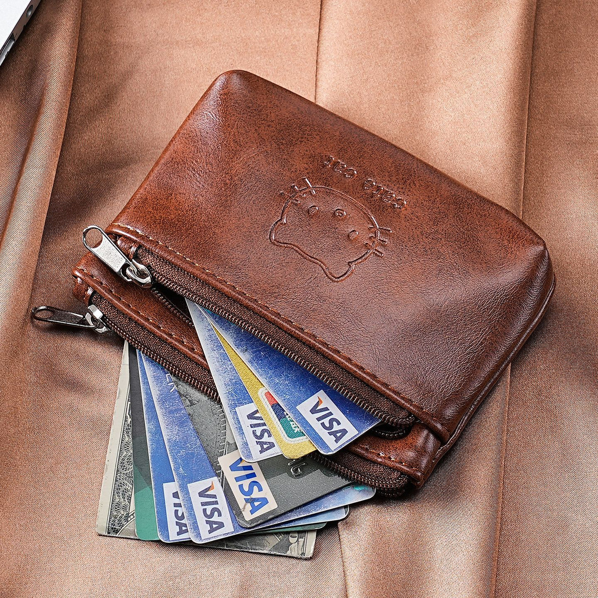 Two-Zip Mini Coin Purse With Cat Embossing - CBrown - 7