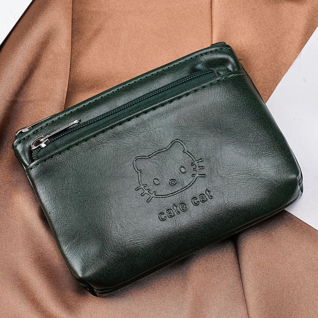 Two-Zip Mini Coin Purse With Cat Embossing - CGreen