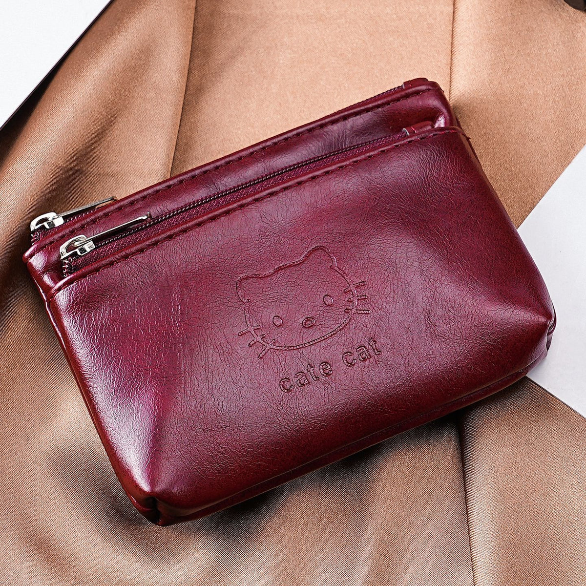 Two-Zip Mini Coin Purse With Cat Embossing - CRed