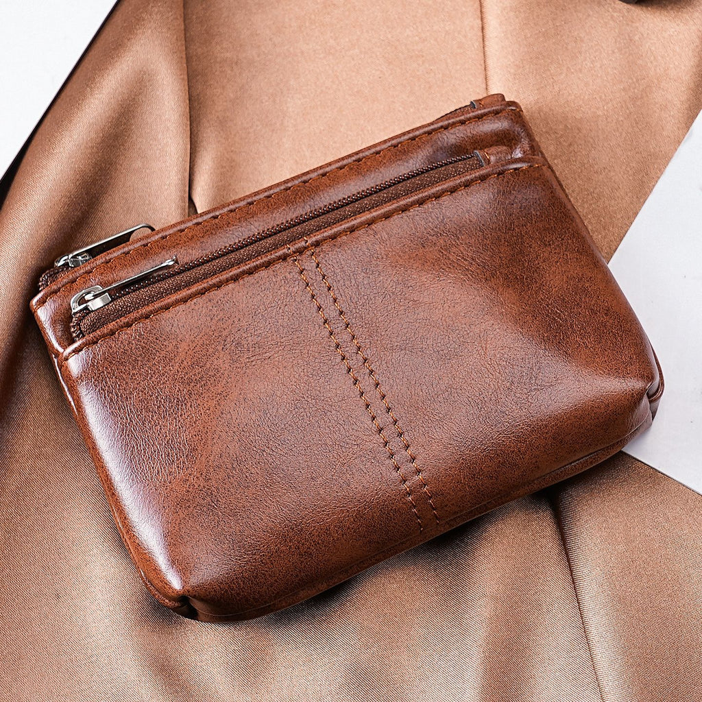 Two-Zip Mini Coin Purse With Cat Embossing - Coffee