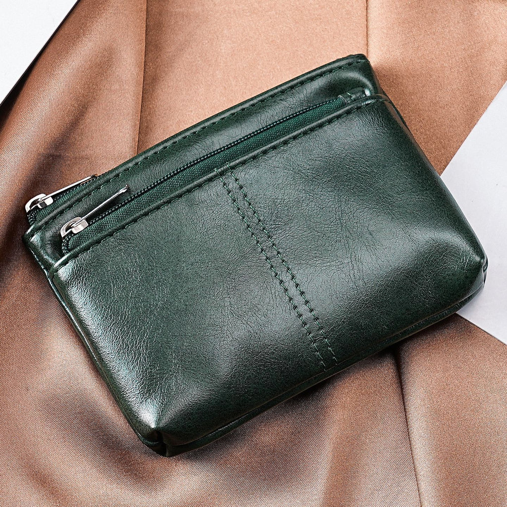 Two-Zip Mini Coin Purse With Cat Embossing - Green