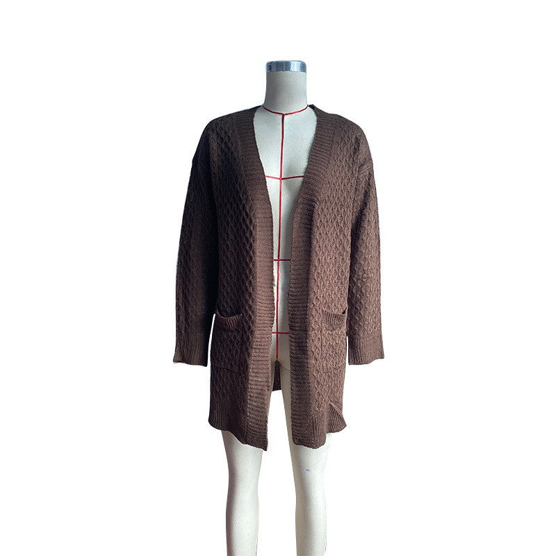Longline Open Front Twist Knit Cardigan - Coffee